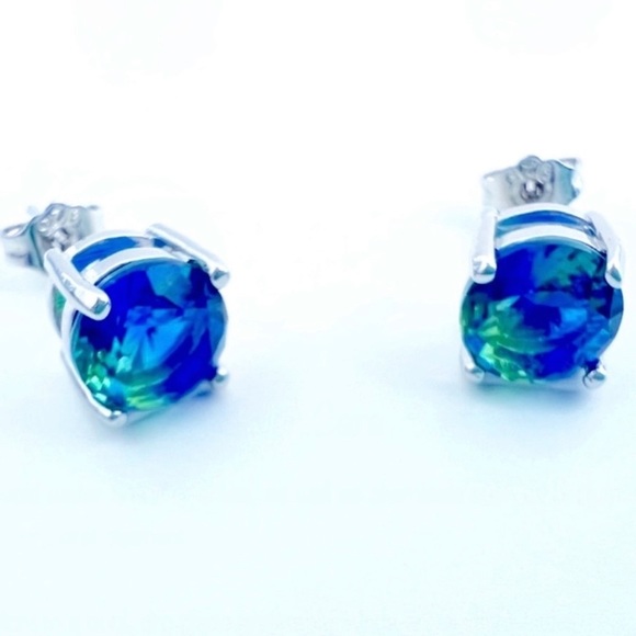 Blue Bicolor Tourmaline Round Stud Post Earrings 925 Sterling Silver 8mm New - Picture 7 of 9